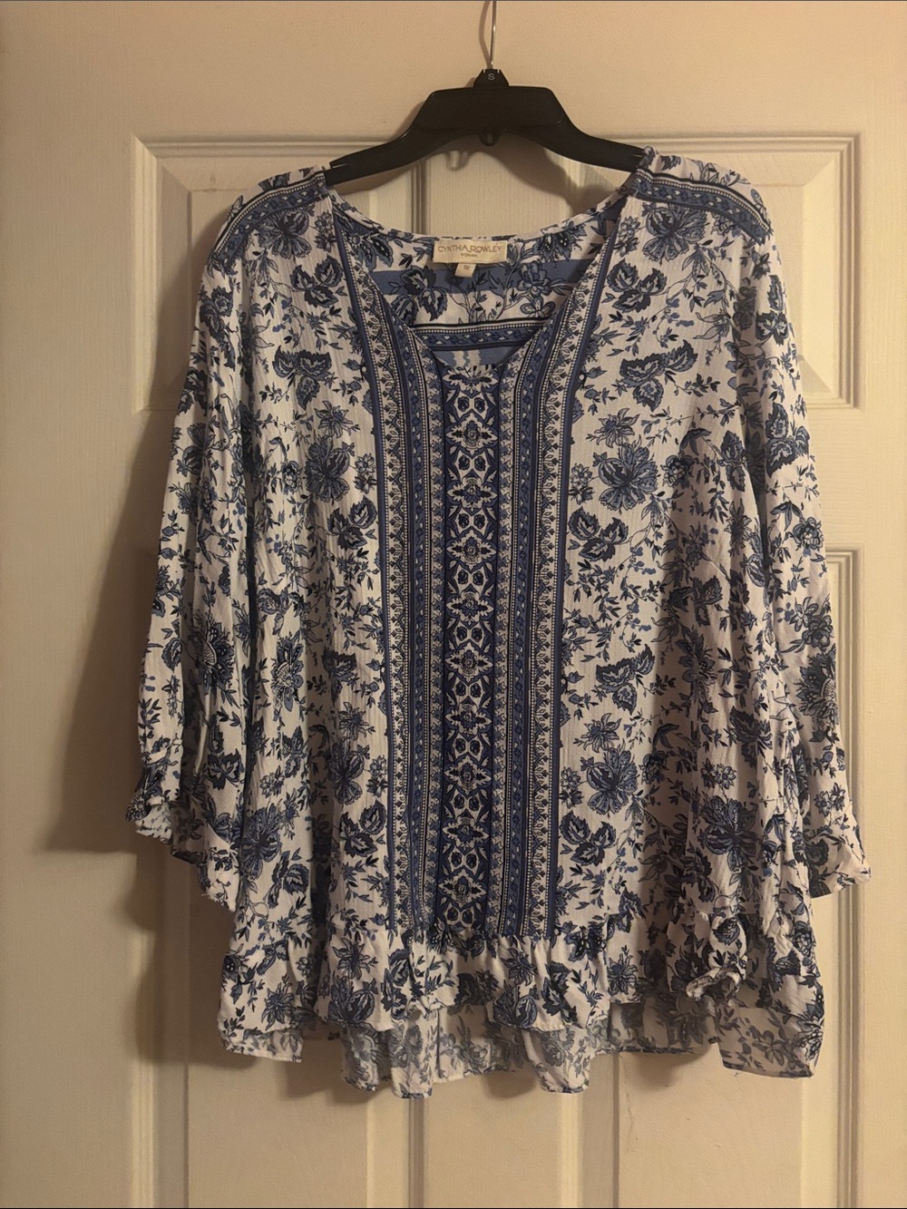 Cynthia Rowley White and Blue Floral Boho Blouse